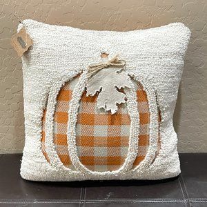 New Mud Pie Pumpkin Recessed Hooked Pillow White Orange Check Plaid Fall NWT
